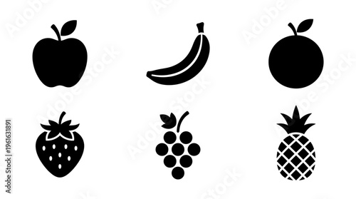 A collection of black silhouette fruit icons including an apple, banana, orange, strawberry, grapes, and pineapple on a white background, ideal for design and educational use
