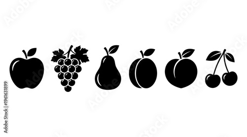 Collection of black silhouette fruits including apple, grapes, pear, peach, and cherries on white background