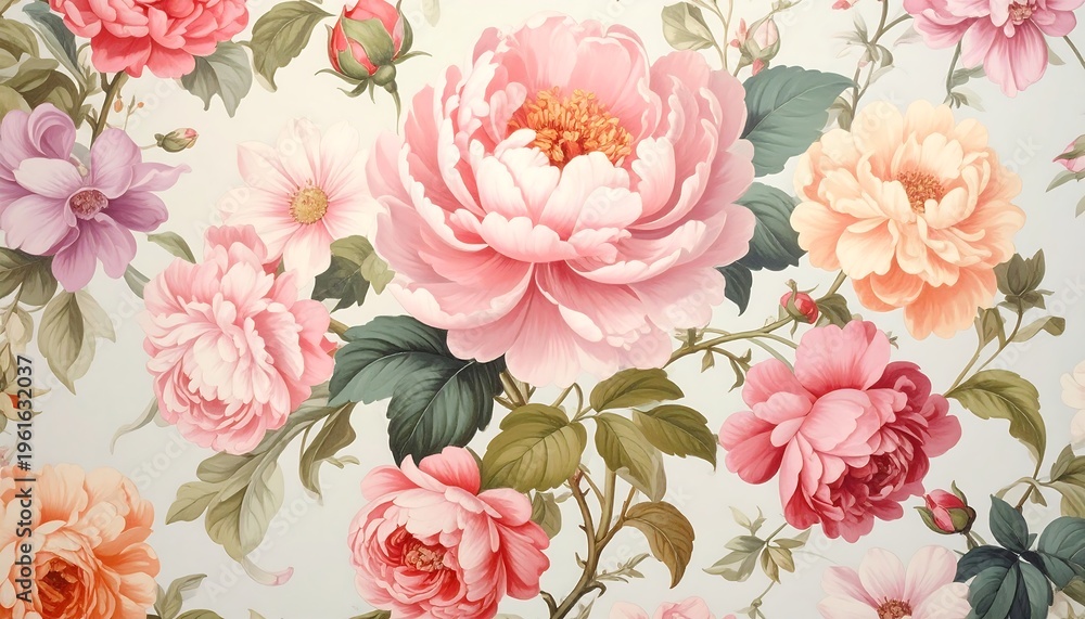 Fototapeta A floral pattern featuring various pink flowers and green leaves