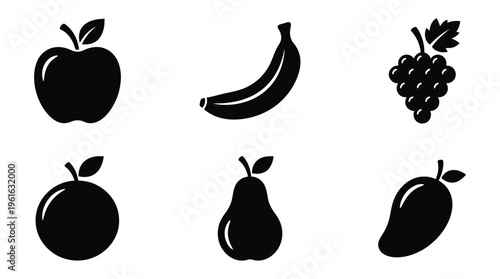 A collection of black silhouette fruit icons including apple, banana, grapes, orange, pear, and mango