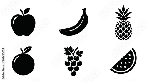 A collection of black silhouette fruit icons including apple, banana, pineapple, orange, grapes, and watermelon on a white background (1)