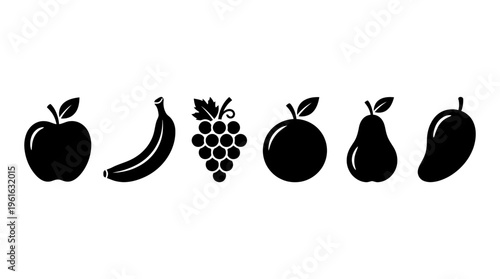 A collection of silhouetted fruits including an apple, banana, grapes, orange, pear, and mango on a plain background, suitable for food-related designs