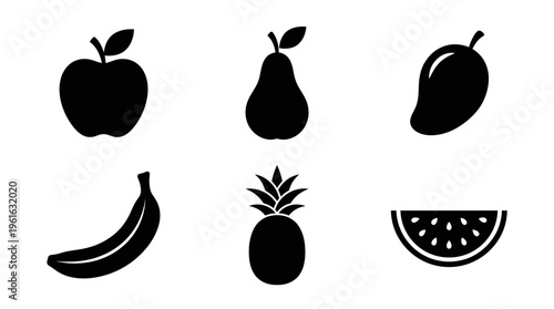 A collection of six black silhouette fruit icons including an apple, pear, mango, banana, pineapple, and watermelon, ideal for use in graphic design projects