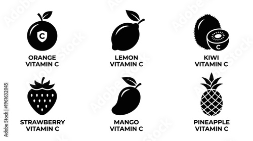 Collection of fruit icons representing Vitamin C sources, featuring orange, lemon, kiwi, strawberry, mango, and pineapple