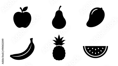 Collection of black silhouette fruits including apple, pear, mango, banana, pineapple, and watermelon on white background