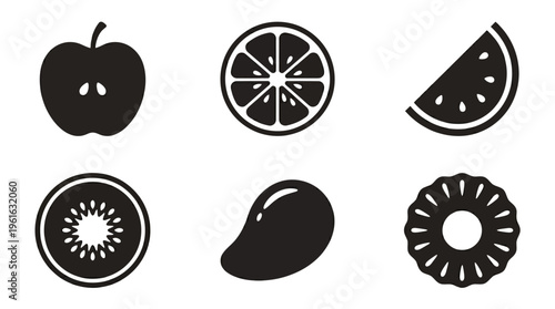 A collection of black silhouette fruit illustrations including an apple, orange, watermelon, kiwi, mango, and donut, suitable for design use