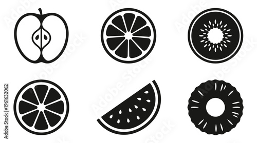 A collection of black and white fruit illustrations showcasing various types of fruit slices and whole fruits