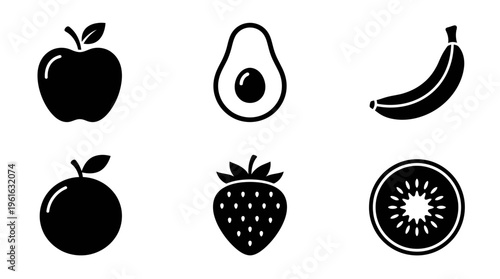 Collection of black silhouette fruit icons including apple, avocado, banana, orange, strawberry, and kiwi on white background
