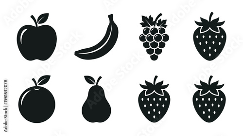 A collection of black silhouette fruits including apples, bananas, grapes, oranges, pears, and strawberries on a white background for use in design or educational materials