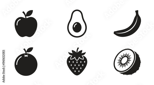 A collection of black silhouette fruit icons including an apple, avocado, banana, orange, strawberry, and kiwi on a white background