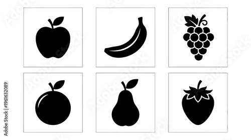 A collection of simple black silhouette fruit illustrations on a white background