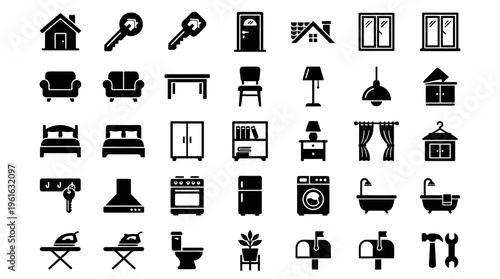 A collection of home-related icons depicting furniture, appliances, and decor elements