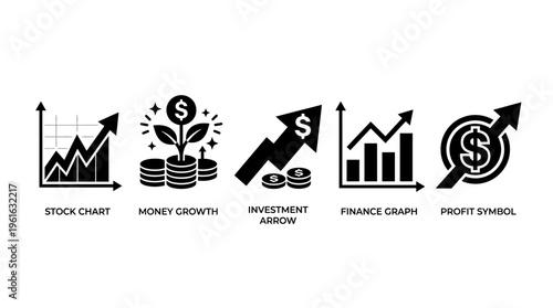 Collection of financial growth icons depicting stock charts, money growth, and profit symbols