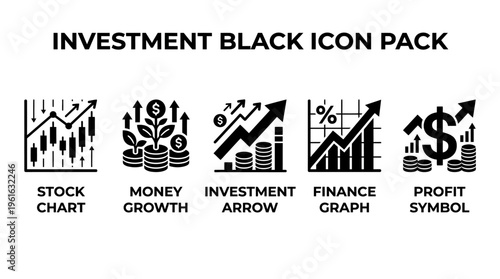 A collection of black icons representing investment themes, including charts and financial symbols