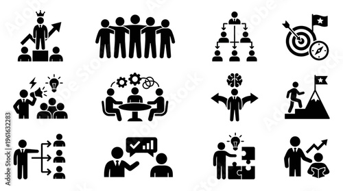 Collection of black silhouette icons representing teamwork, leadership, and strategic planning concepts