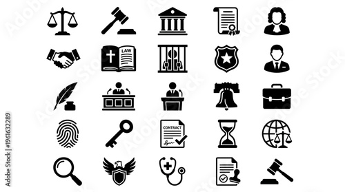 Collection of legal and justice icons representing various aspects of law, governance, and order