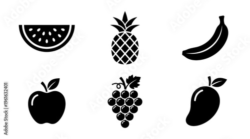 A collection of black silhouette fruit icons including watermelon, pineapple, banana, apple, grape, and mango on a white background