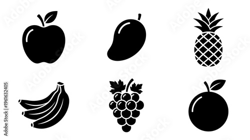 Collection of black silhouette fruits including apple, mango, pineapple, bananas, grapes, and orange