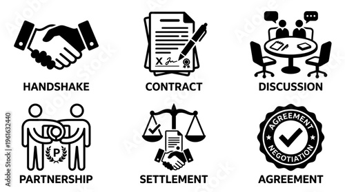 Illustration of business agreements featuring handshake, contract signing, and partnership discussions