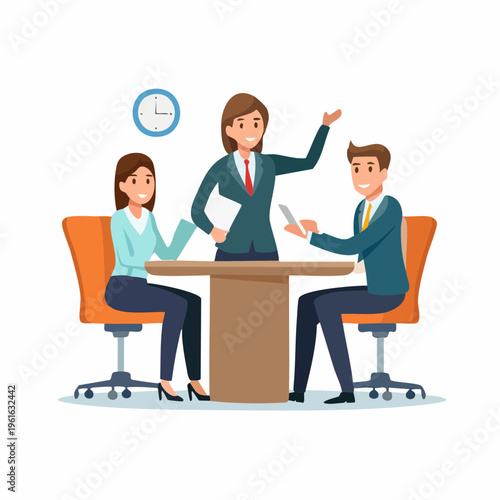 Business team meeting around table with clock