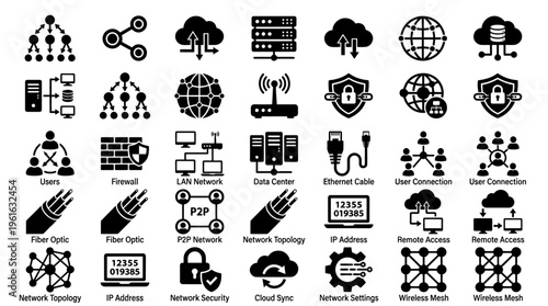 Collection of network-related icons illustrating various concepts in technology and connectivity