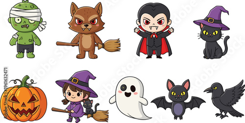 Cute Halloween character set featuring chibi zombie werewolf vampire witch black cat pumpkin ghost bat and crow vector cartoon mascot icons.