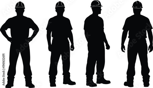 Black silhouettes of male construction worker in hard hat and workwear standing in different poses on white background for industrial design.