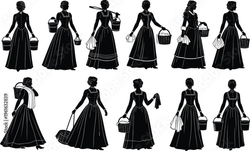 Victorian maid and housekeeper silhouette collection vector illustration, vintage domestic worker women carrying baskets and cleaning cloths isolated on white background