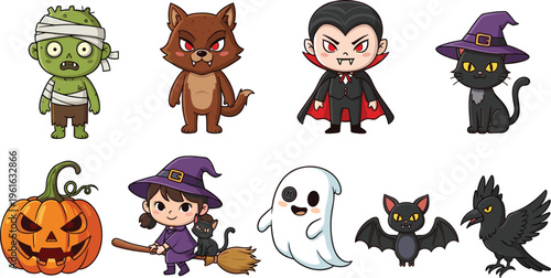 Cute Halloween Character Set with Chibi Zombie Werewolf Vampire Witch Cat Pumpkin Ghost Bat and Crow Vector Illustration on White Background