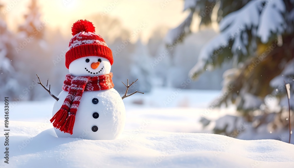 Obraz premium A snowman in a red hat and scarf in a snowy forest