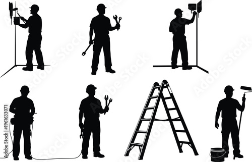 Professional Construction Worker Silhouettes Set Including Painters Plumbers and Electricians with Tools Ladders and Equipment for Home Renovation and Repair