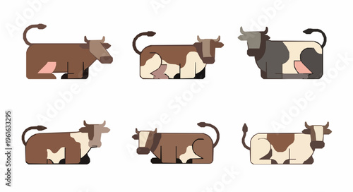 Kneeling cow vector illustration set farm livestock EPS10 isolated on white