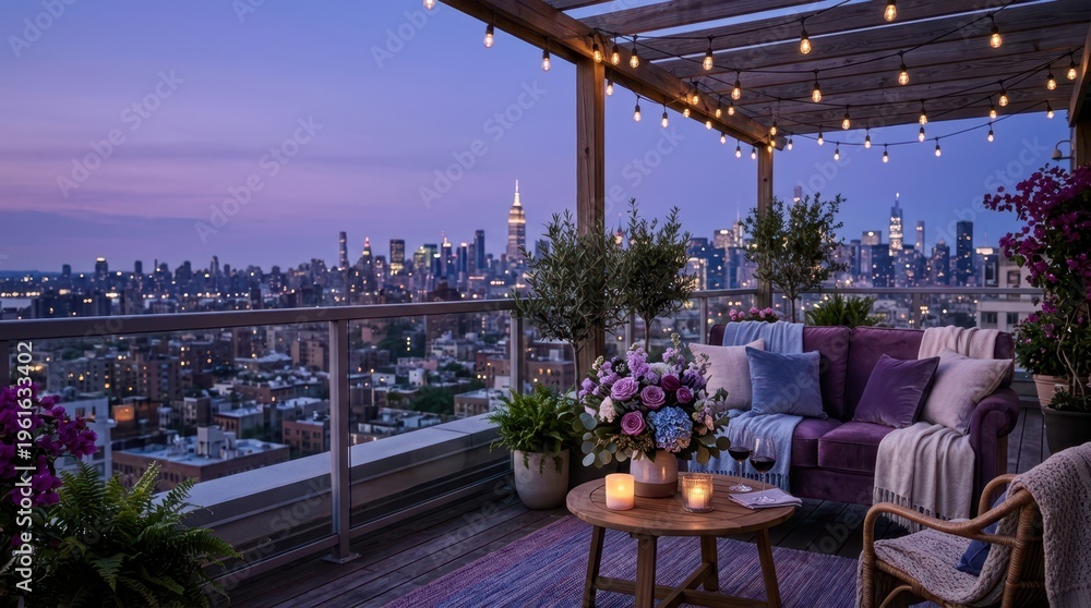 Naklejka premium Rooftop terrace with city skyline view at twilight, decorated for relaxation