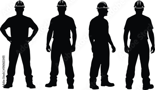 Set of Construction Worker Silhouettes in Hard Hats Showing Front Side and Back Views for Industrial Engineering and Labor Design