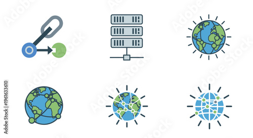Global Network Icons: Server, Link, Earth Connection, Data Transfer