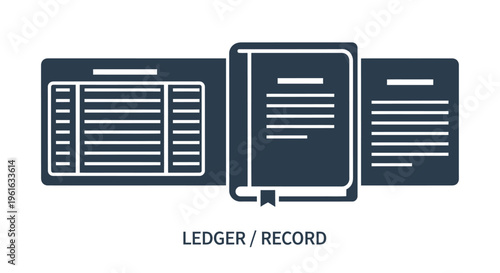Ledger and Records icon set, accounting, finance, data management, and bookkeeping concept