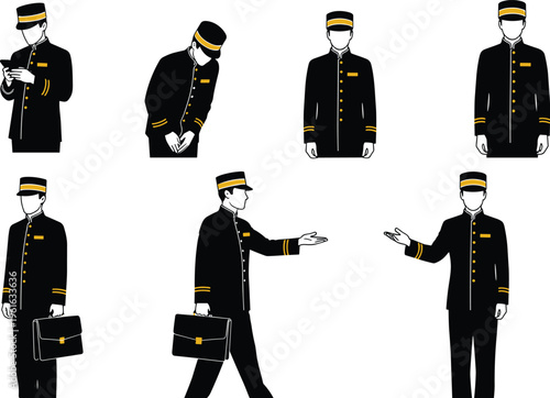 Set of hotel bellboy silhouettes in various poses including bowing, carrying luggage, welcoming guests, and providing professional hospitality service icons.