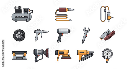 Pixel Art Garage Tools Icon Set: Compressor, Sprayer, Wrench, Nailer, Tire, Gauge