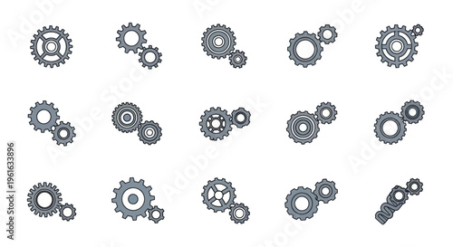 Set of Metal Gears and Cogs, Mechanical Engineering Icons, Isolated on White Background