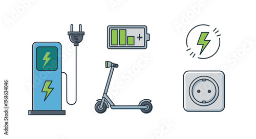 Electric Scooter Charging Station and Icons Set: Battery, Plug, Outlet, Lightning Bolt