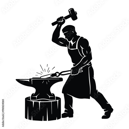 Blacksmith crafting metal with hammer and anvil Icon Silhouette vector black design on a white background