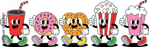 Five classic fast food items are reimagined as cheerful cartoon characters with arms and legs. A soda cup, donut, pretzel, popcorn, and milkshake are all walking and giving a thumbs-up. 