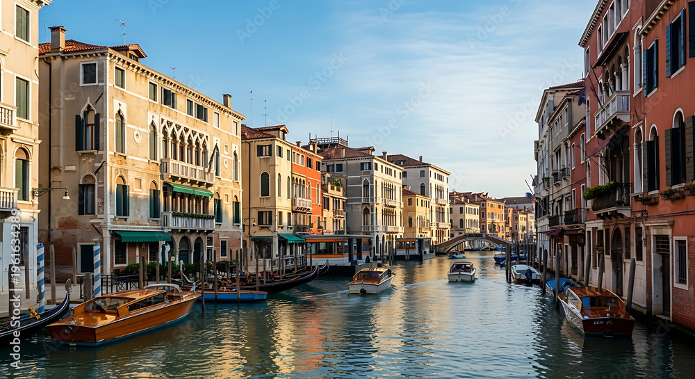 Fototapeta premium Majestic panoramic view of historic Italian architecture lining a serene Venetian canal with traditional boats floating under a vibrant blue sky during a bright sunny afternoon in Venice.