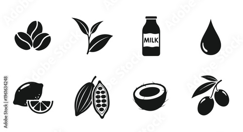 Chocolate, cocoa, and milk icons, black vector set, food and drink symbols, 8 elements