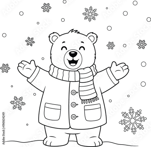 A cheerful cartoon bear enjoying snowfall in winter clothing