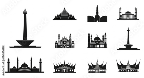 Photos Collection of Indonesian Landmarks and Cultural Symbols in Silhouette