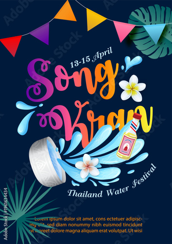 Poster design of Thailand Songkran water festival in flat style, wording and event decoration item, example texts on dark blue background.