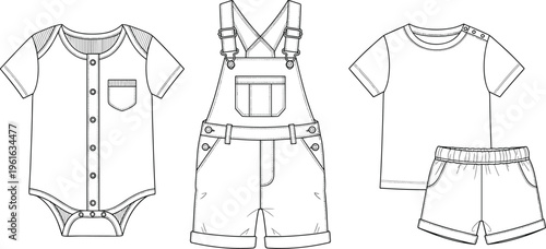Baby clothing set technical drawing including bodysuit overalls t shirt and shorts, detailed fashion flat sketch vector template for apparel design
