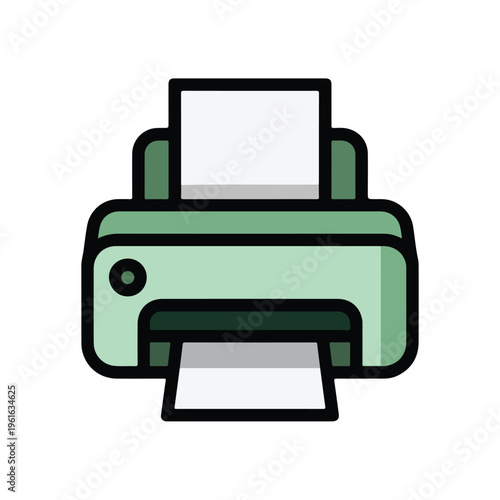 A high-quality 3D vector illustration of a computer printer icon and document sign, designed as a modern web button for business office technology and printing equipment