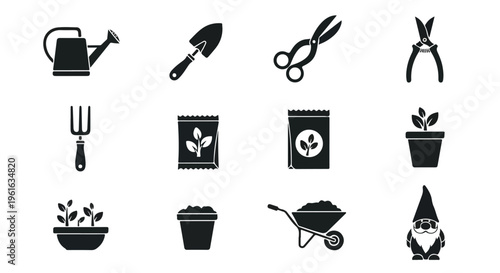 Gardening icons, garden tools, plant symbols, landscaping graphics, 12 black silhouette vector set